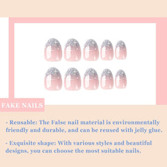 24 bucăți unghii French Press pe unghii, scurte, argintii strălucitoare, cu design, unghii artificiale ovale, unghii de lipit pe unghii acrilice lucioase, unghii false pentru femei și fete