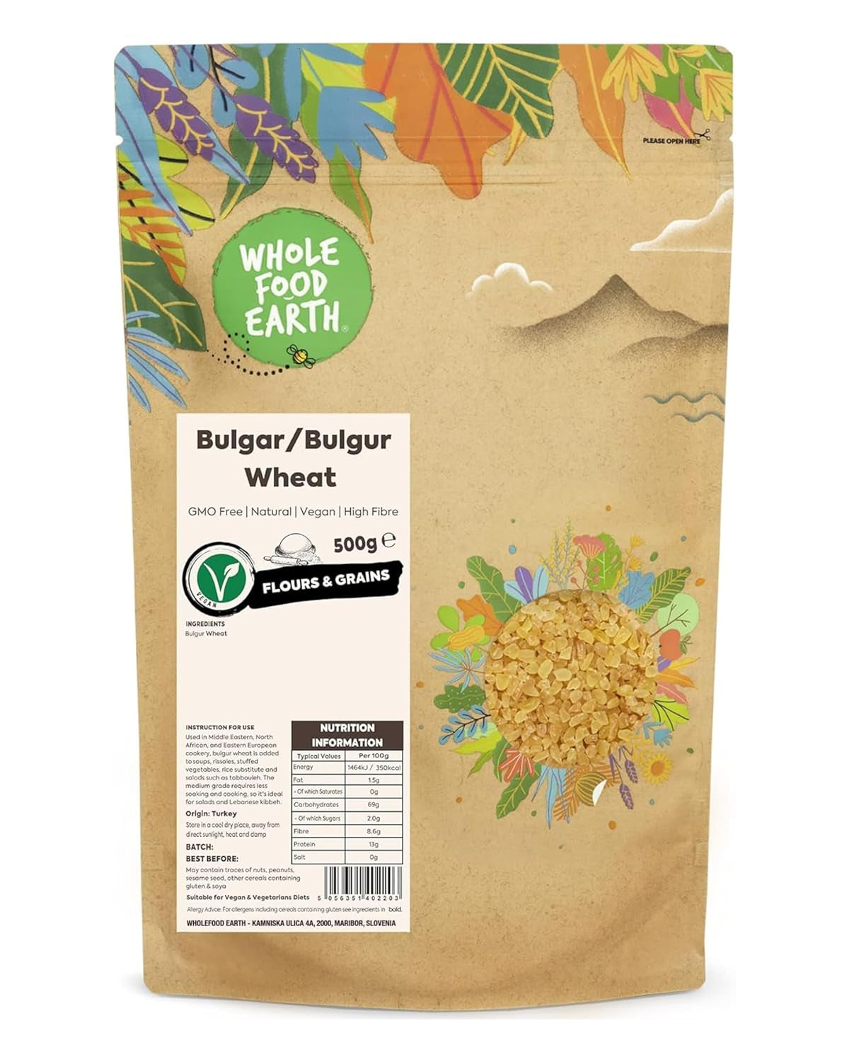 Bulgur din grâu Wholefood Earth - fără OMG - natural - vegan - fără lactate - fără zahăr adăugat, 500g