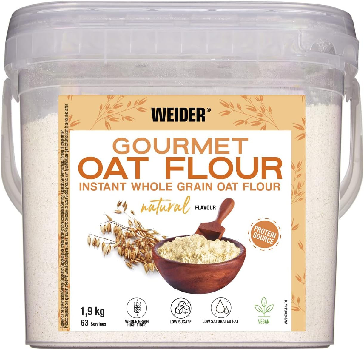 Făină de ovăz Weider Gourmet (1,9 kg) aromă de brownie. Fulgi de ovăz integrali. Sursă de proteine cu conținut scăzut de zahăr.