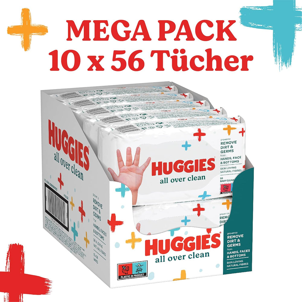 Șervețele umede Huggies pentru bebeluși, curățenie generală, pentru întregul corp, discrete și proaspete, 10 x 56 de șervețele, cutie lunară