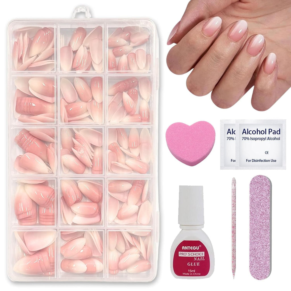 Set de 240 de bucăți pentru unghii false scurte - Unghii false artificiale naturale scurte pentru lipit - Unghii artificiale cu gradient nud pentru extensii de unghii cu cutie (gradient nud)