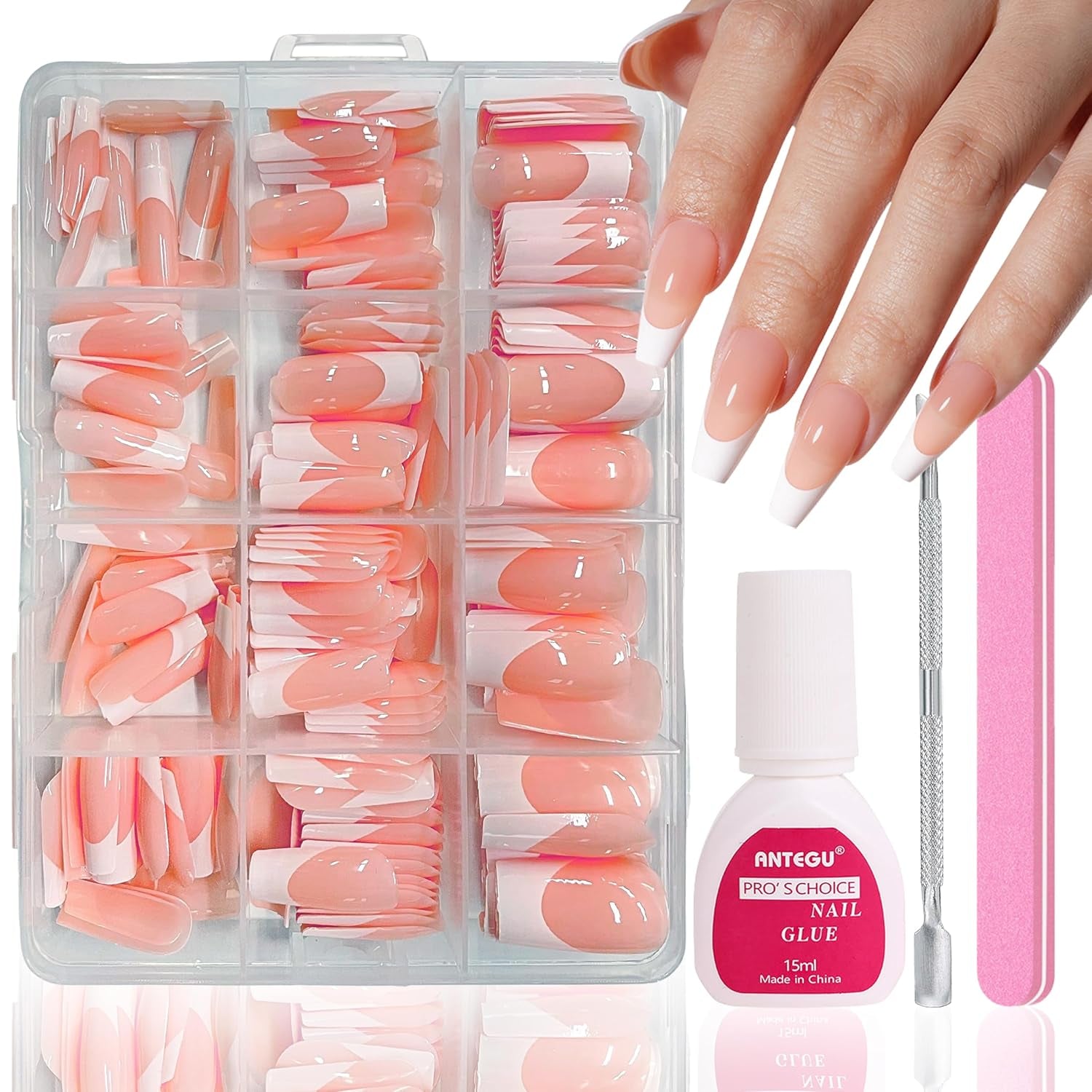 Set unghii false - 240 bucăți unghii scurte și pătrate, model gel moale, gradient alb nud, unghii false artificiale naturale pentru lipire, pentru femei DIY (gradient nud, 240X)