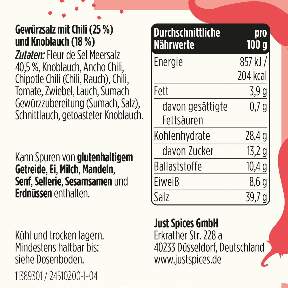 Just Spices Chili Knoblauch Salz I Gewürzmix, der zu allen Gerichten schmeckt I Gewürzdose, 55 g