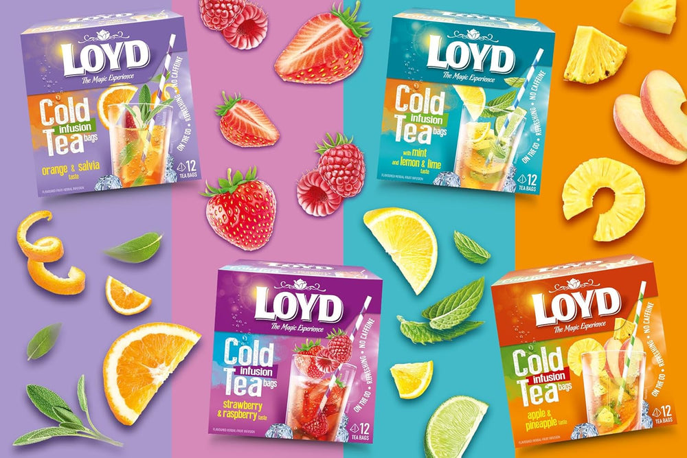 LOYD - Ceai rece cu căpșuni și zmeură - 12 pliculețe piramidale, ceai rece de vară, ceai rece aromatizat, cu ingrediente naturale, apă aromatizată, fără adaos de zahăr, preparat la rece - 30 g