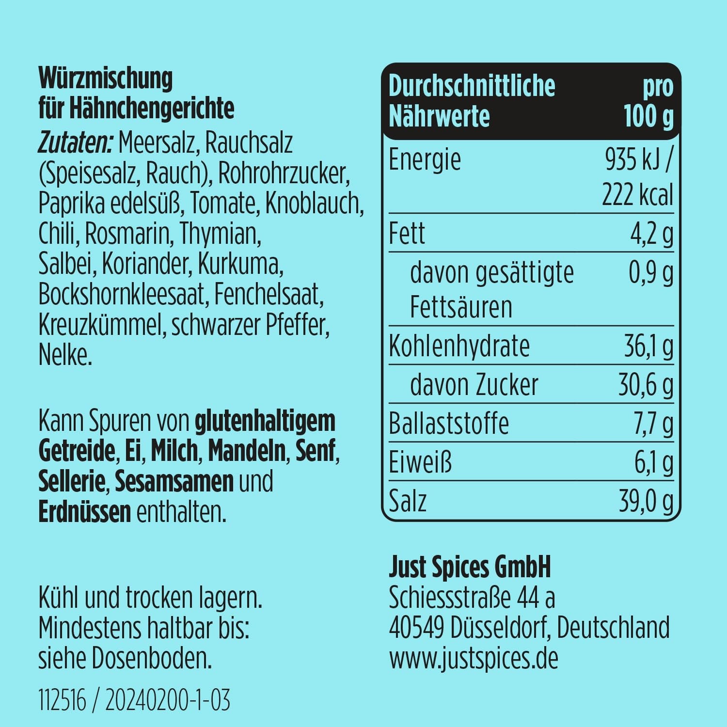 Just Spices Hähnchen Allrounder I Mariniere Geflügel, Brathähnchen, Wings und vieles mehr I Gewürzdose, 79 g