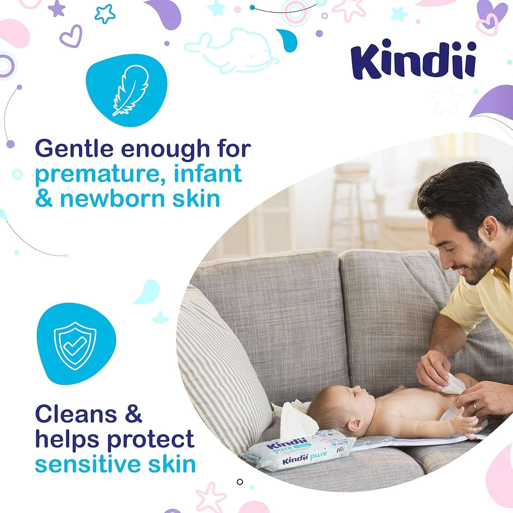 Kindii Feuchttücher Für Babys Und Kinder Pure Water 99% - 99%Ige Zusammensetzung Auf Wasserbasis - Allantoin - Unparfümiert - Dermatologisch Getestet - Für Empfindliche Haut - 720 Stück - 12X60 Stück Naty Shop