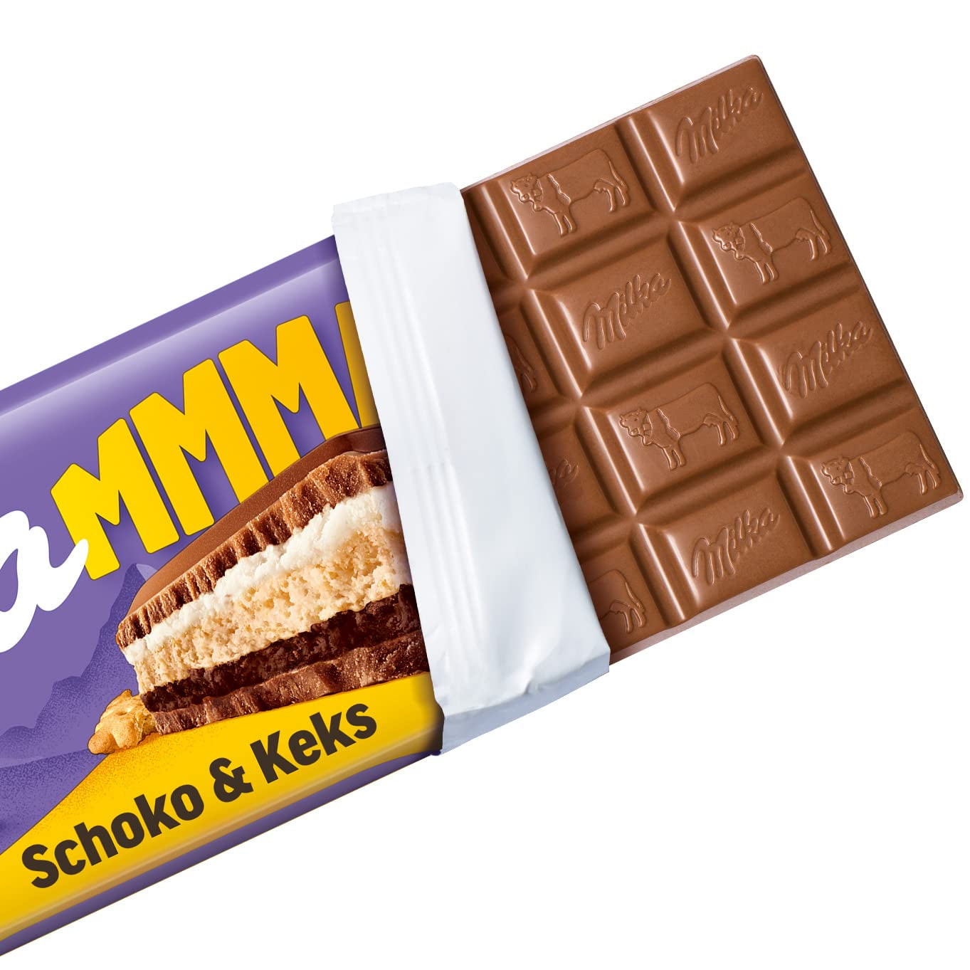 Milka Mmax Ciocolată și Biscuiți – Ciocolată cu lapte alpină cu umplutură de cremă de lapte și bucăți crocante de biscuiți – 300g