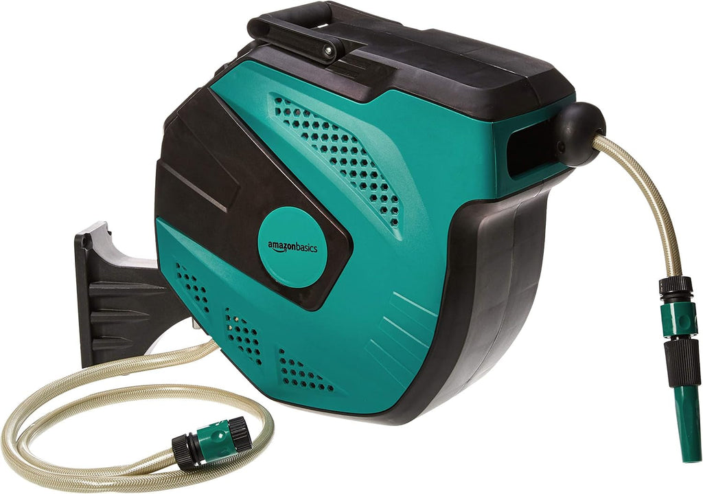 Rolă de furtun de perete Amazon Basics cu furtun, înfășurare automată, 15 m, verde bleumarin, negru