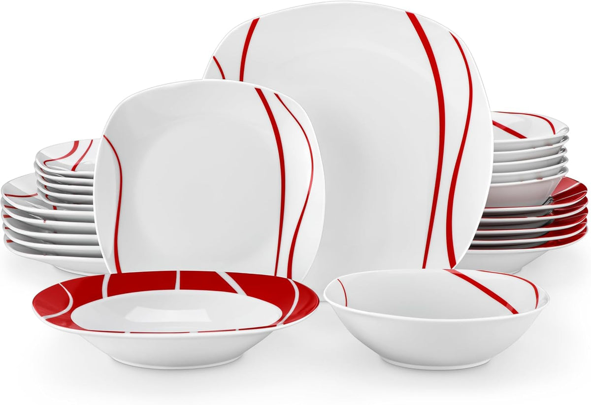 Set de veselă MALACASA pentru 6 persoane, serviciu de masă din porțelan Felisa cu 24 de piese, set de veselă modern cu 6 farfurii de cină, farfurii de desert, farfurii de sumă și boluri, perfect pentru Crăciun și pentru uz zilnic