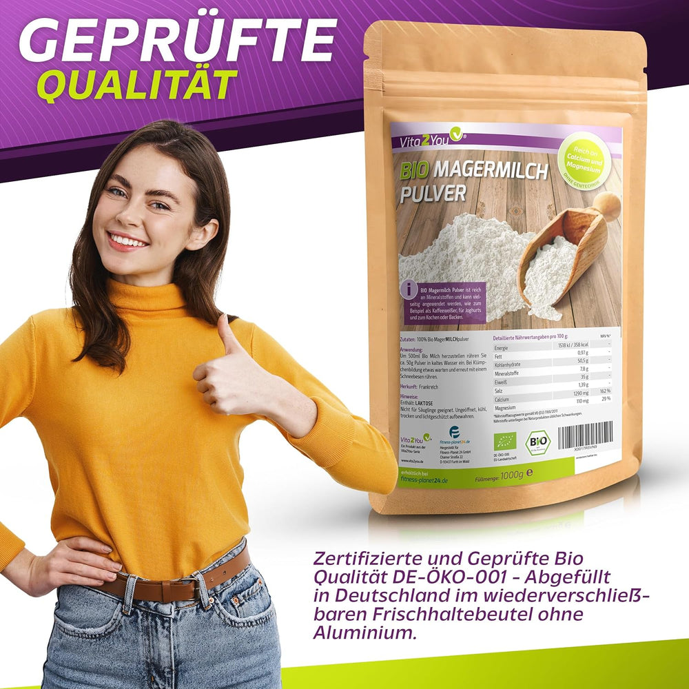 Vita2You Bio Magermilchpulver 1000g - 100% Bio Qualität - zum Backen - Kaffeeweißer - Milchpulver für Joghurts - 1kg - Premium Qualität
