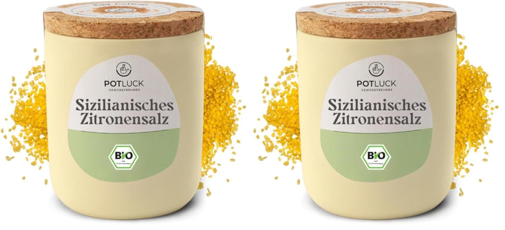 Potluck | Bio Sizilianisches Zitronensalz | Gewürzsalz für Fisch, Meeresfrüchte, Gemüse, Salate und Dressings | 140g im Keramiktopf