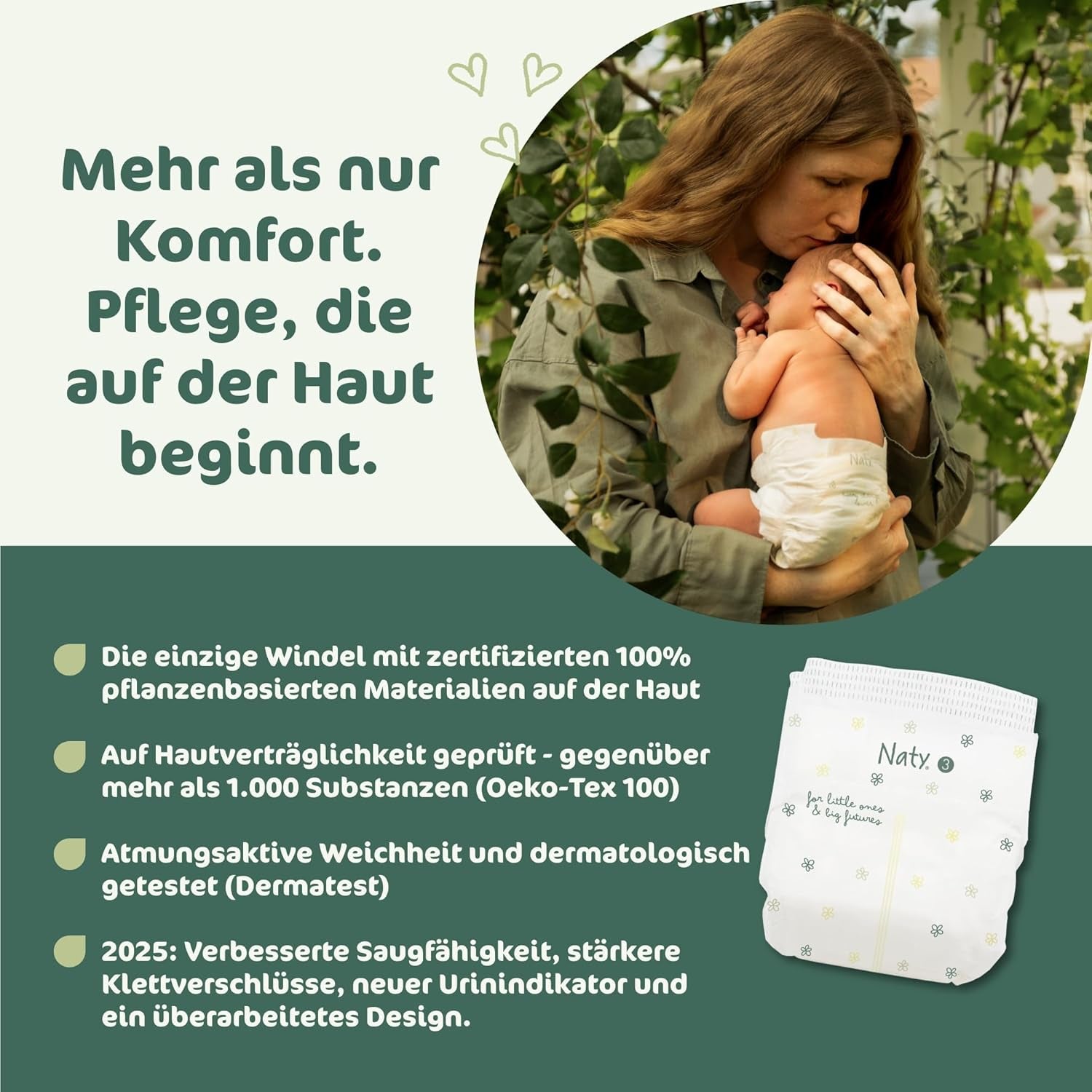 Scutece pentru bebeluși Naty BioEmbrace, mărimea 3 (4–9 kg) | 100% materiale pe bază de plante, delicate cu pielea | Moliciune respirabilă, testate dermatologic, absorbție excelentă | 100 buc.