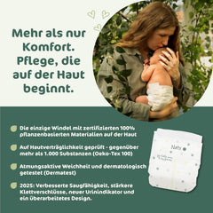 Scutece pentru bebeluși Naty BioEmbrace, mărimea 3 (4–9 kg) | 100% materiale pe bază de plante, delicate cu pielea | Moliciune respirabilă, testate dermatologic, absorbție excelentă | 100 buc.