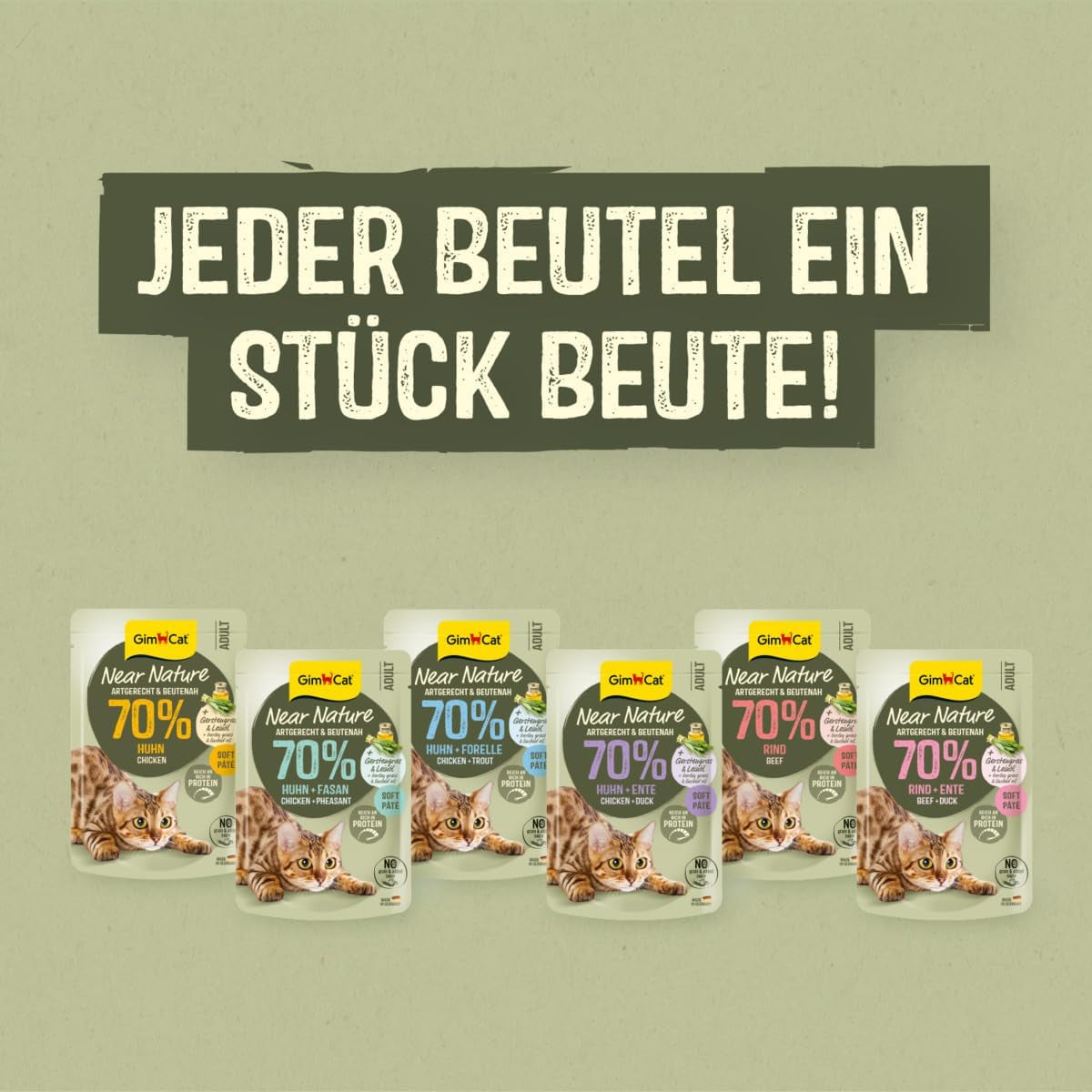 GimCat Near Nature Trial Mix Pachet de 12 - Hrană umedă fără cereale pentru pisici de la 7 luni, cu o rețetă adecvată speciei și specifică prăzii - 12 pliculețe (12 x 85 g)