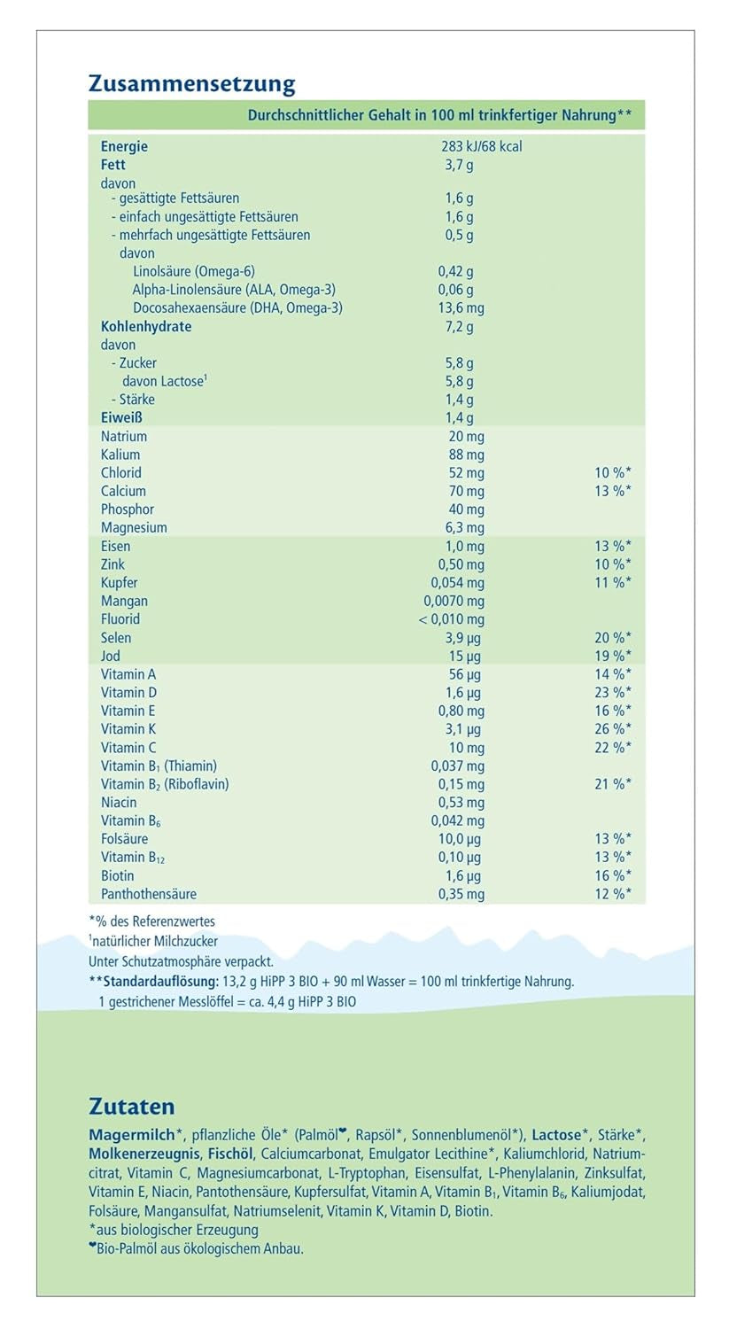 Lapte de continuare HiPP 3 Organic (4 x 600g) - după 10 luni, cu Omega-3 (DHA, ALA), Calciu, Vitamina D, de cea mai bună calitate organică