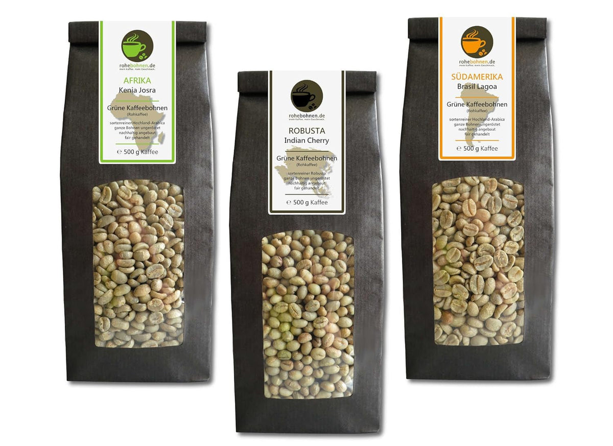 Cafea crudă - Cafea verde Kenya, India, Brazilia (pachet redus boabe de cafea verde 3x500g) - certificat GMP