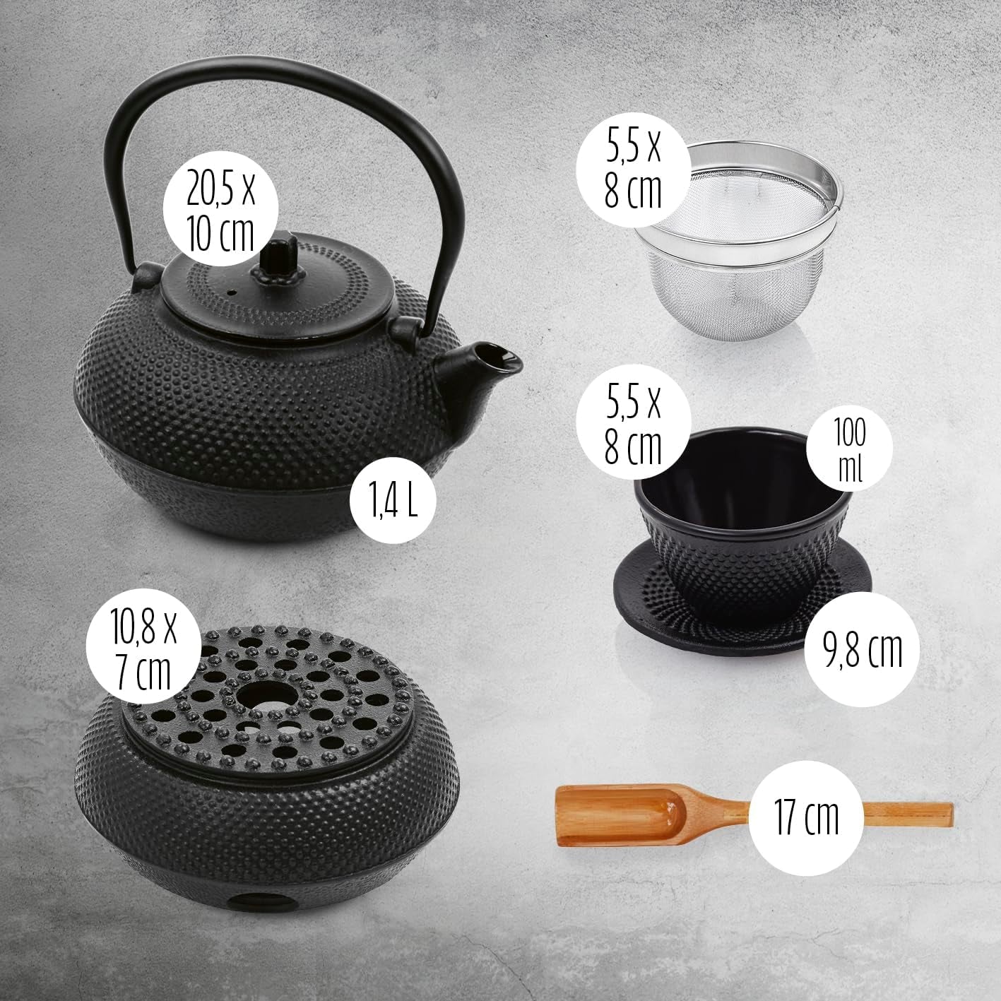Set de ceai Lumaland cu 8 piese | Ceainic din fontă Tetsubin de 1,4 litri | Încălzitor din fontă | 2 cești de ceai și 2 farfurioare | Set de ceai japonez, inclusiv lingură de măsurat din bambus și infuzor din oțel inoxidabil