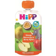 Pliculeț HiPP Organic Mango-Fructul Pasiunii în Aromă de Pară-Măr - Nick Rhino (8 x 100g), de la 1 an, piure de fructe 100%, fără zahăr adăugat, vegan, de cea mai bună calitate organică