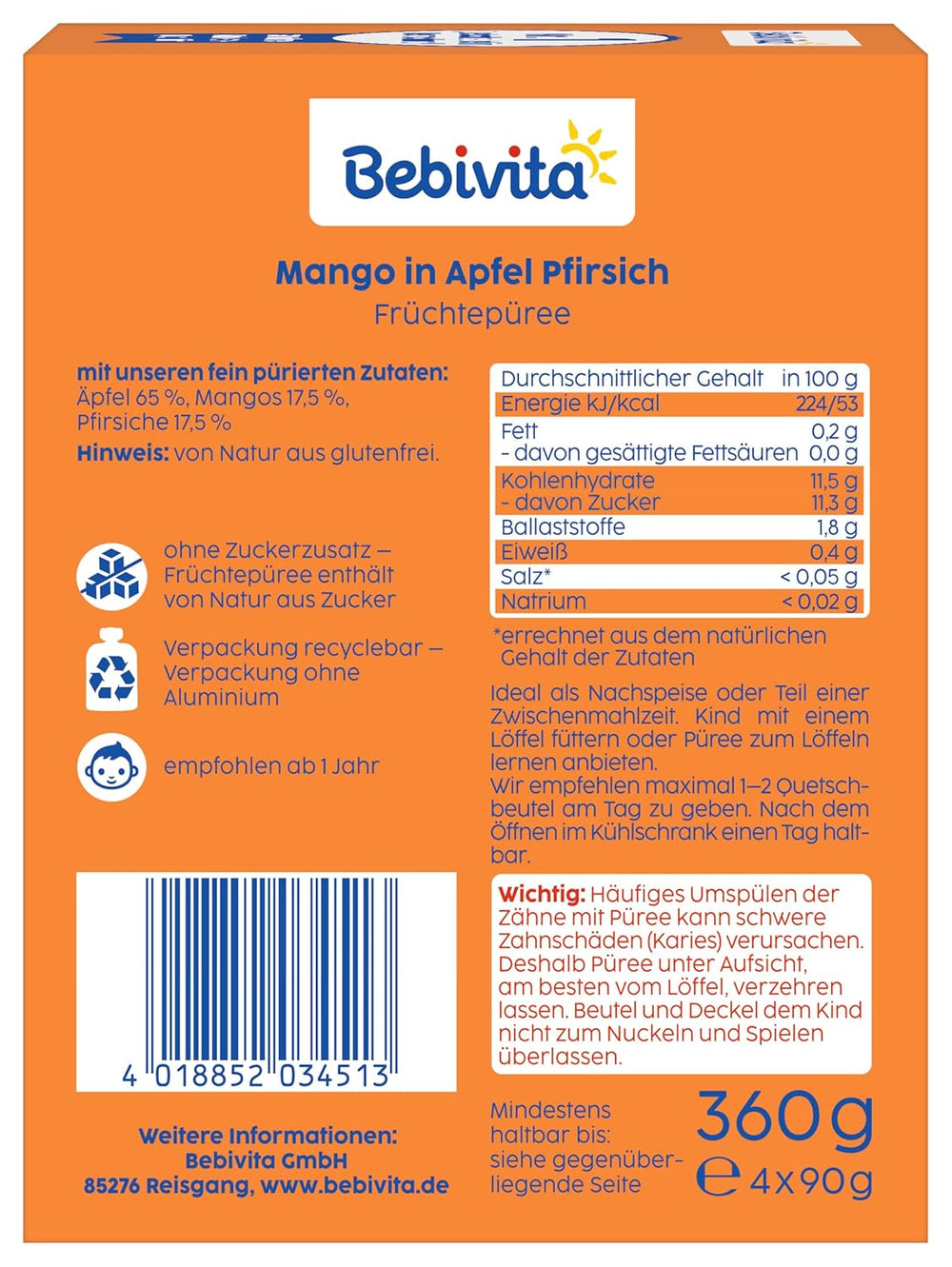 Pliculețe stoarcibile cu mango și măr și piersici – 16 bucăți (pachet de 4, 4 x 90 g fiecare), fără zahăr adăugat, fără gluten, ideale pentru gustări la pachet și pentru luate în mod independent