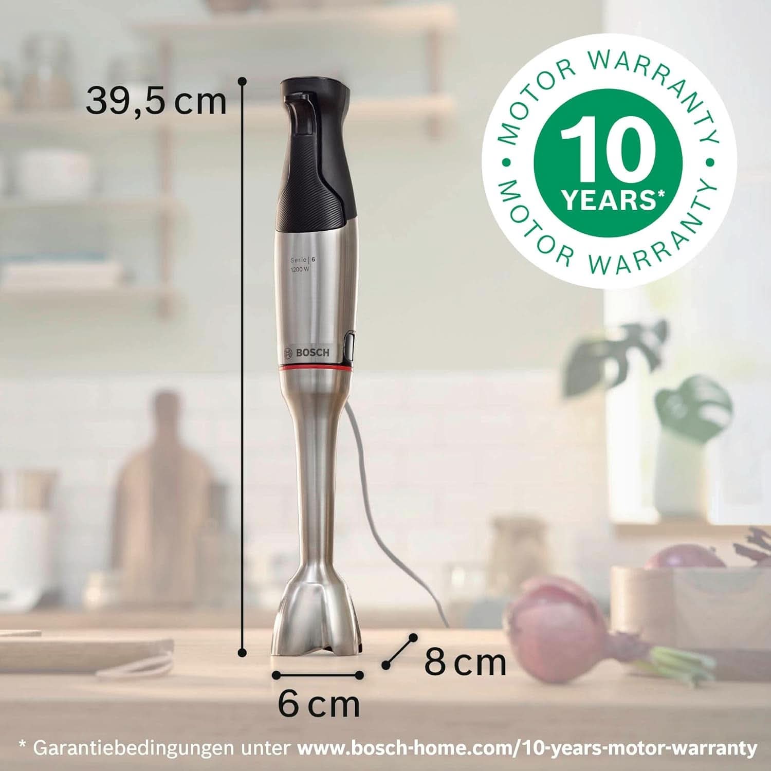 Bosch Stabmixer Ergomaster Serie 6 MSM6M810, Einhändig Bedienbar, 10 Jahre Motorgarantie, Edelstahl-Klingen, Verschleißfreie Keramik-Kupplung, Luftkühlung, Quattroblade, Mixbecher, 1200 W, Edelstahl Bucatarie Naty Shop