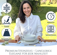 Set de veselă din gresie ceramică, format din 48 de piese, pentru 12 persoane, design Ibiza, CÂȘTIGĂTOR AL TESTULUI. Un set de veselă mediteranean superb, din gresie ceramică, inclusiv boluri și farfurii. Set de veselă Pure Living, bej.