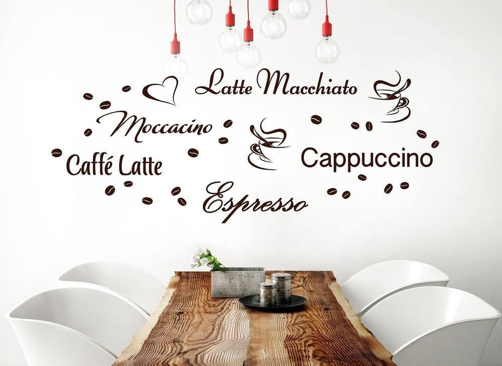 Wandtattoo Kaffee-Sorten I braun I Herz Kaffeetasse Kaffeebohnen Küche Esszimmer Sticker Aufkleber Wandaufkleber Wandsticker G006