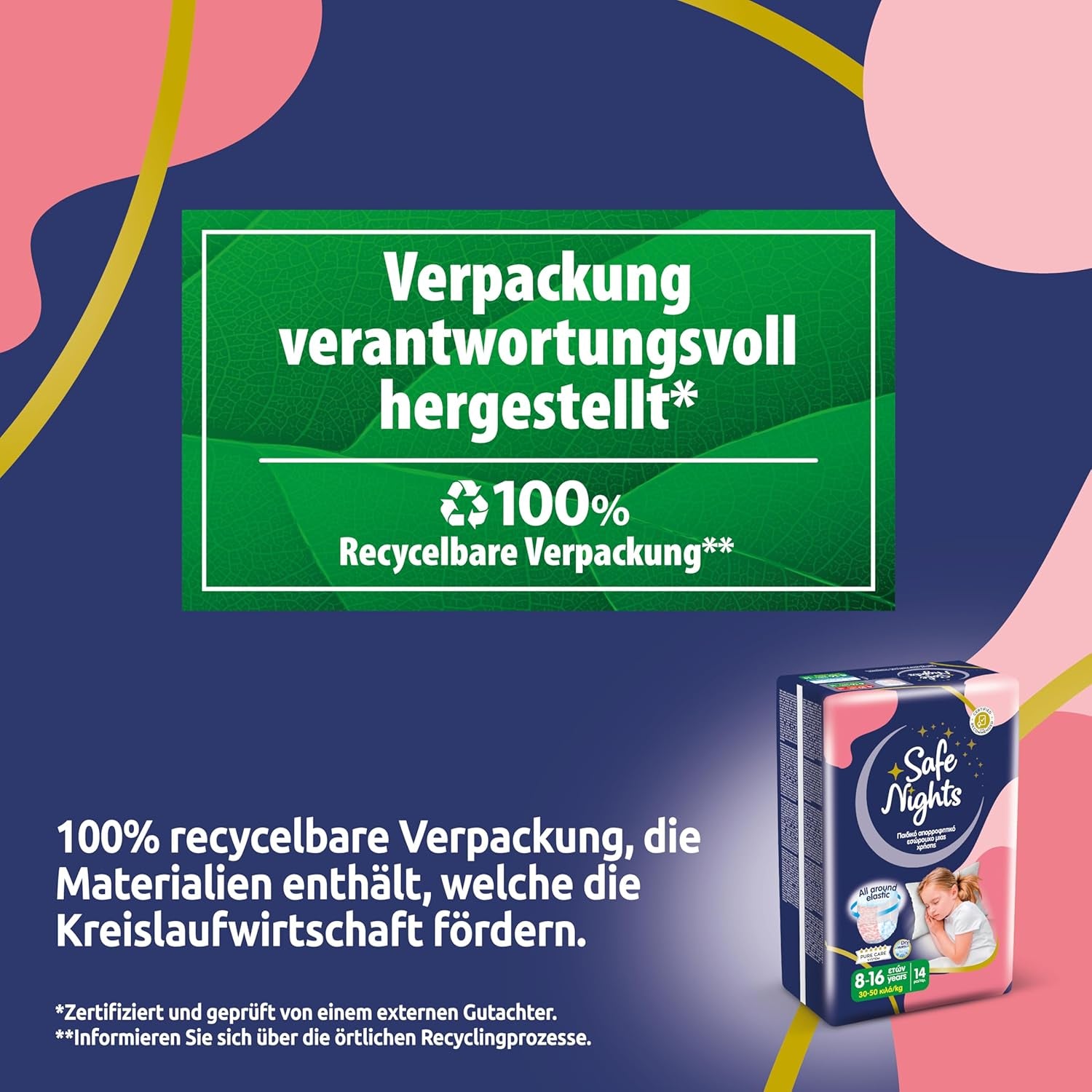 Safe Nights Girl, chiloți absorbanți de noapte pentru fete cu vârsta cuprinsă între 8 și 16 ani (30-50 kg), 14 bucăți