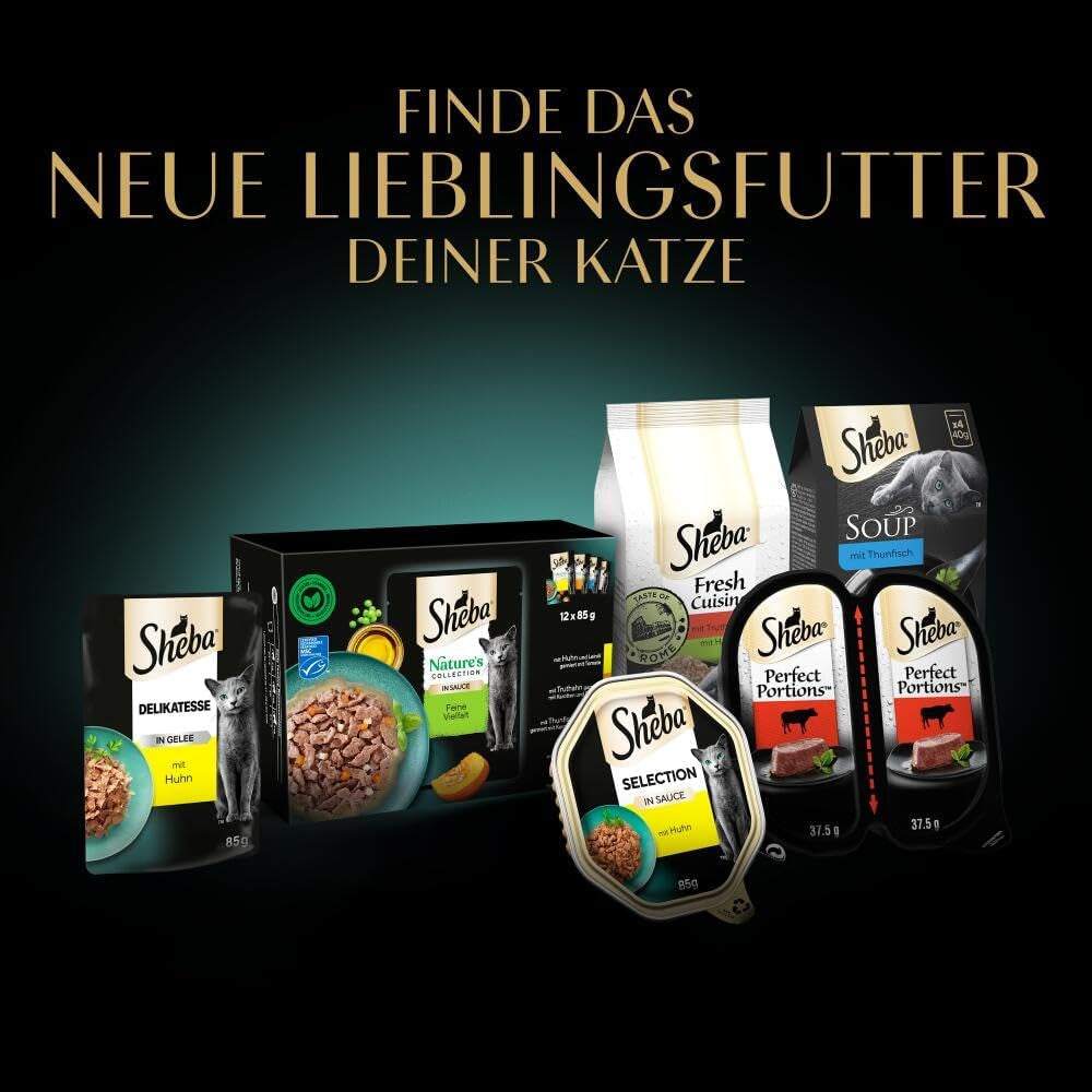 SHEBA Filets Adult Katzenfutter in Sauce mit Huhn, Hochseefisch und Garnelen 16 x 60g Schale