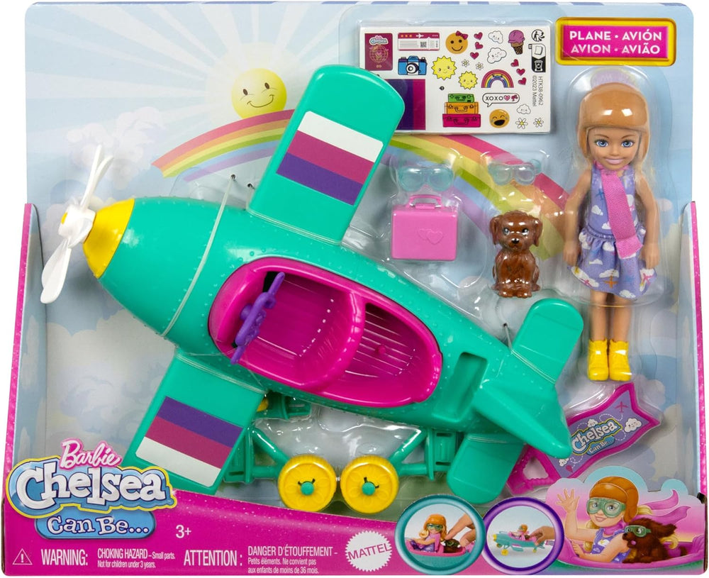 Păpușă Barbie Chelsea Avion și Set de Joacă - Păpușă Pilot, Avion, Cățeluș și Accesorii pentru Povestiri, Roți Rotitoare și Elice în Formă de Floare, Vârste 3+, HTK38