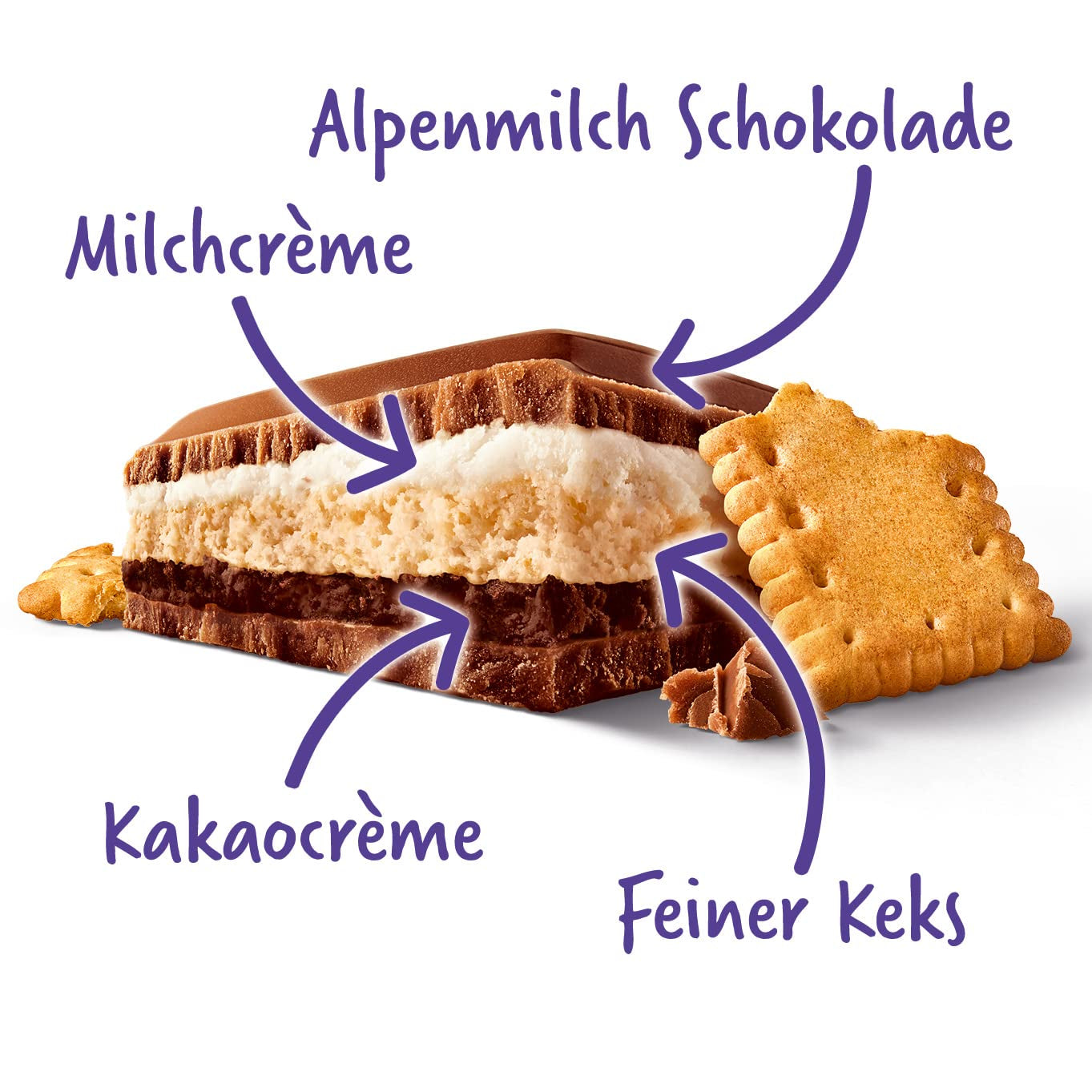 Milka Mmax Ciocolată și Biscuiți – Ciocolată cu lapte alpină cu umplutură de cremă de lapte și bucăți crocante de biscuiți – 300g