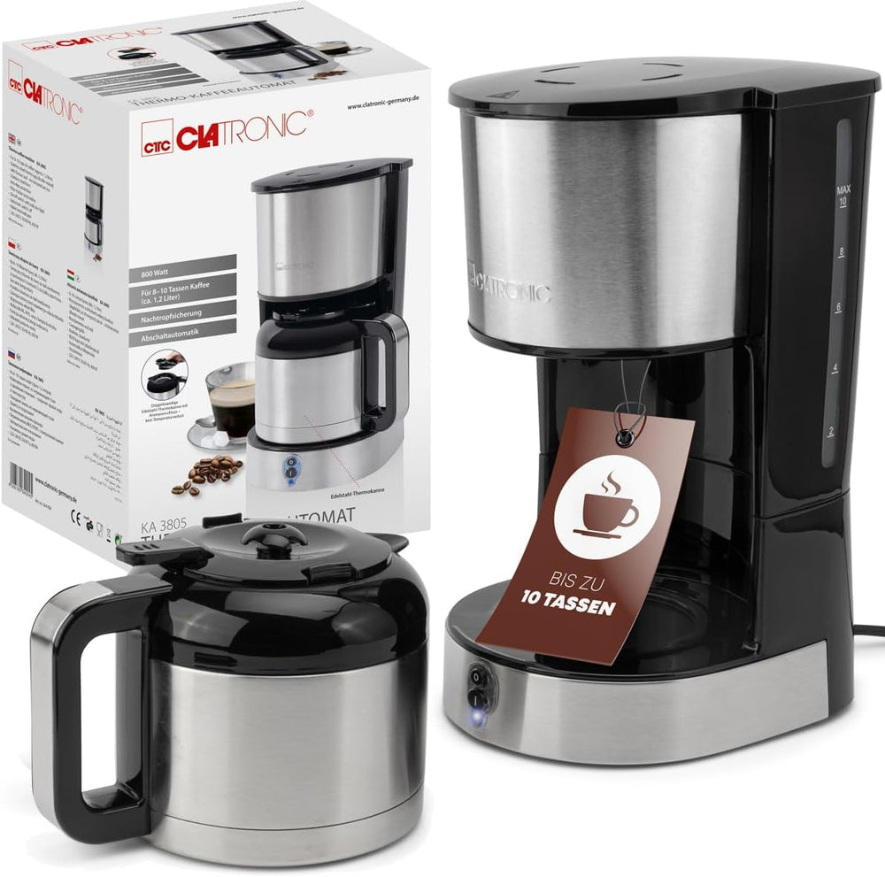 Cafetieră Clatronic® cu carafă termos pentru 8–10 cești de cafea (aprox. 1,2 l) | Cafetieră cu filtru din oțel inoxidabil | Carafă termos cu pereți dubli | Fără pierderi de temperatură | Cafetieră de 800 W | KA 3805