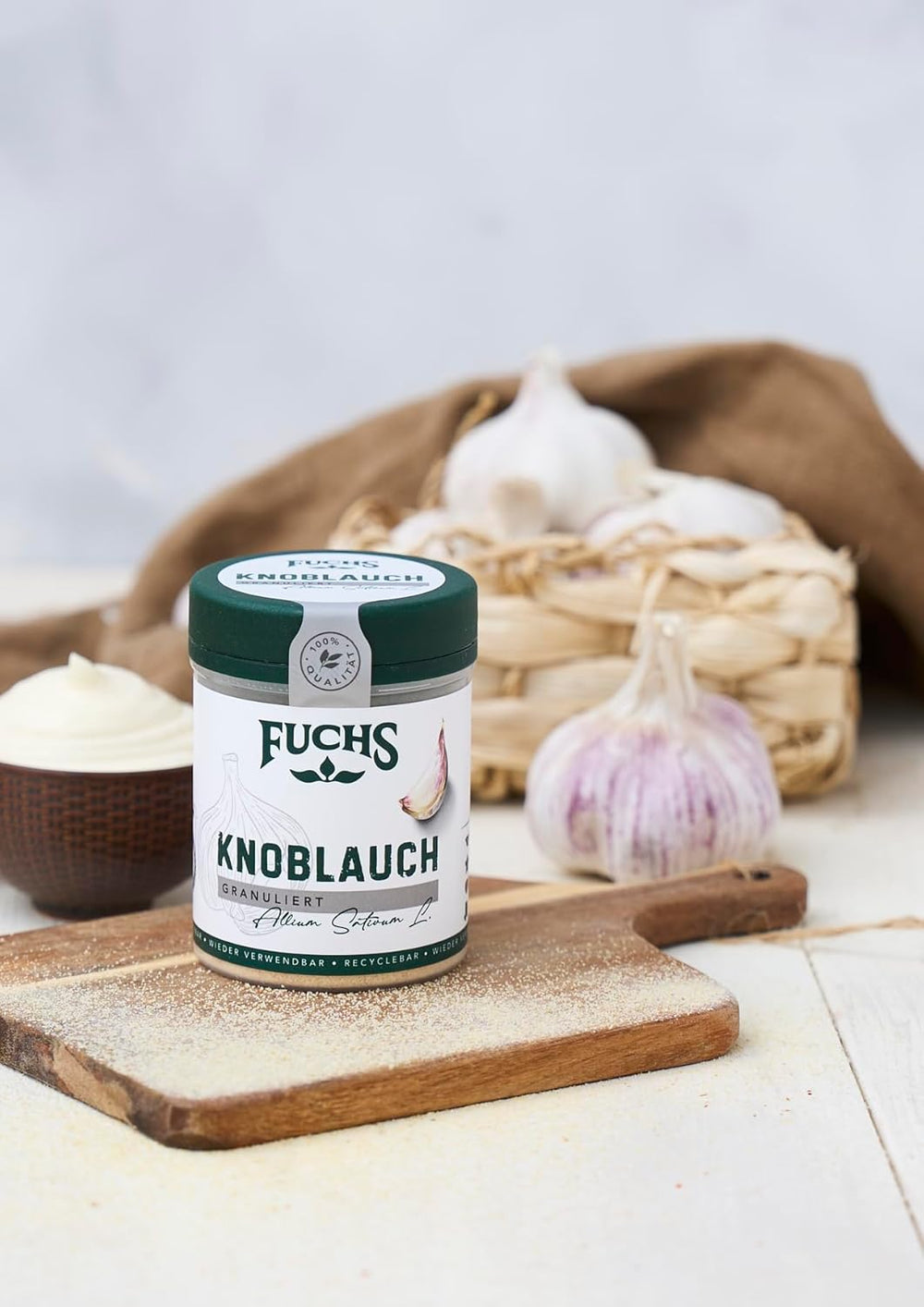 Fuchs Gewürze - Knoblauch granuliert - würzig-zwiebliger Geschmack für Tzatziki, Knoblauchbutter oder Gemüsegerichte - natürliche Zutaten - 85 g in wiederverwendbarer, recyclebarer Dose