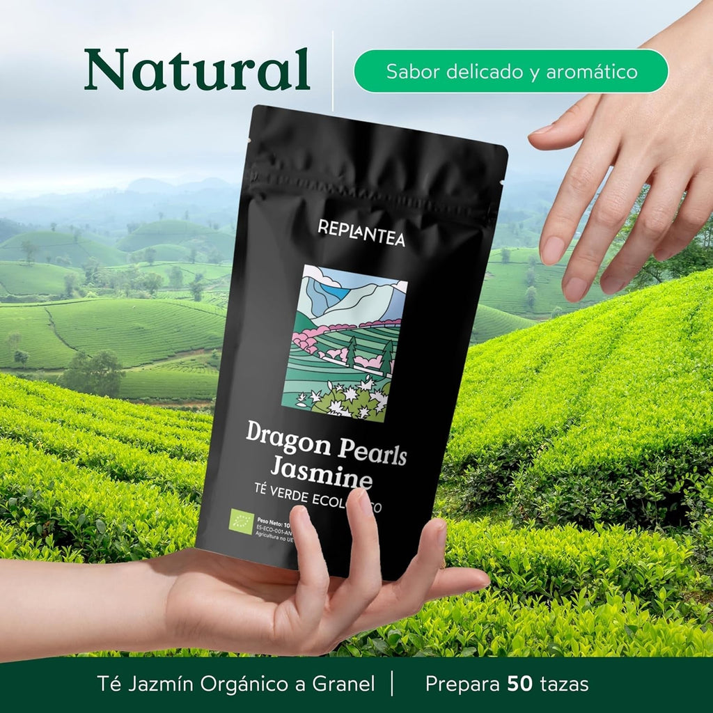 Ceai organic Jasmin Dragon Pearls (100 g) | Ceai verde premium sub formă de perle de jasmin rulate manual | Specialitate de ceai cu aromă delicată de flori | REPLANTEA