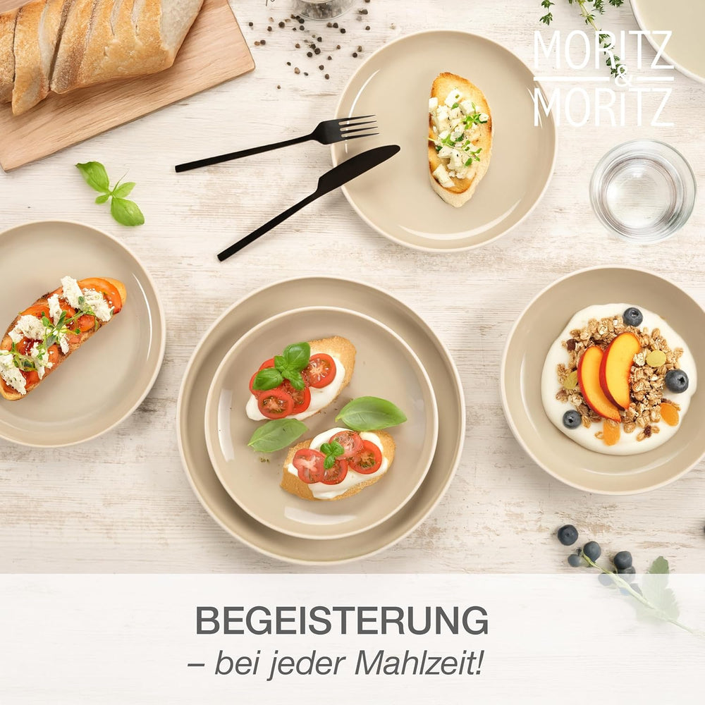 Set de veselă din gresie Moritz & Moritz CAVO pentru 12 persoane, 36 de piese - Serviciu de masă modern în culoarea nisipului - Set combinat ușor de întreținut cu farfurii și boluri - Serviciu de cafea