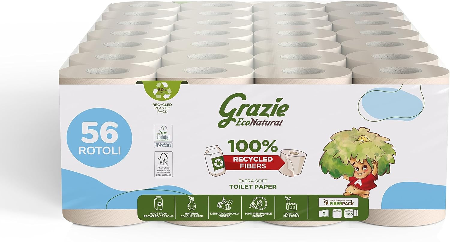 Hârtie igienică Grazie Natural, Econatural, 56 role, hârtie igienică reciclată Fibrepack, 100% ecologică, prietenoasă cu mediul, certificată cu etichetă ecologică și reciclată FSC, fabricată în Italia