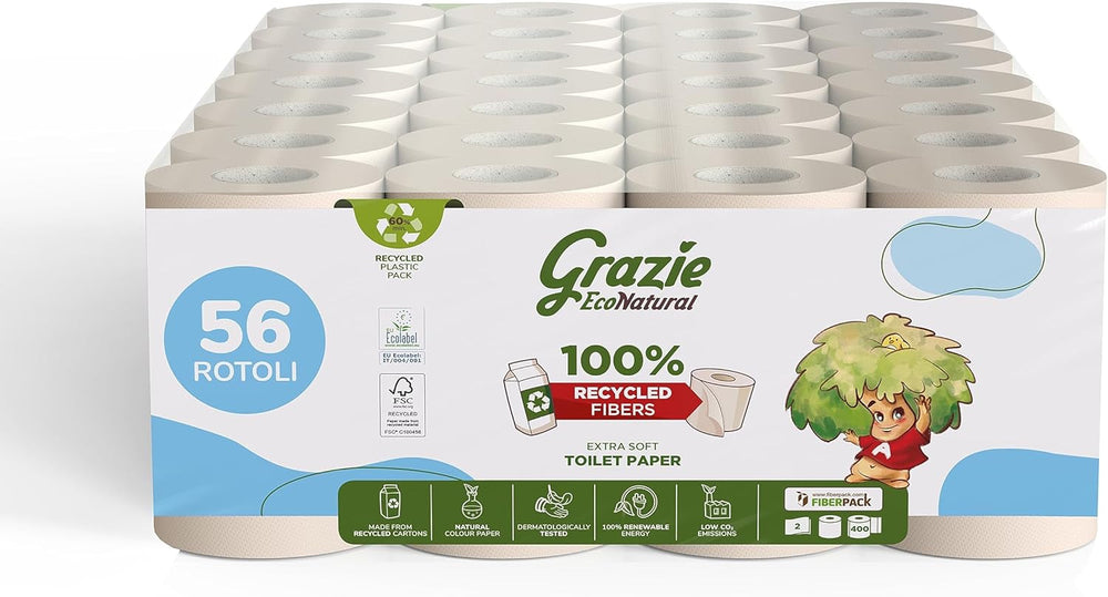 Hârtie igienică Grazie Natural, Econatural, 56 role, hârtie igienică reciclată Fibrepack, 100% ecologică, prietenoasă cu mediul, certificată cu etichetă ecologică și reciclată FSC, fabricată în Italia
