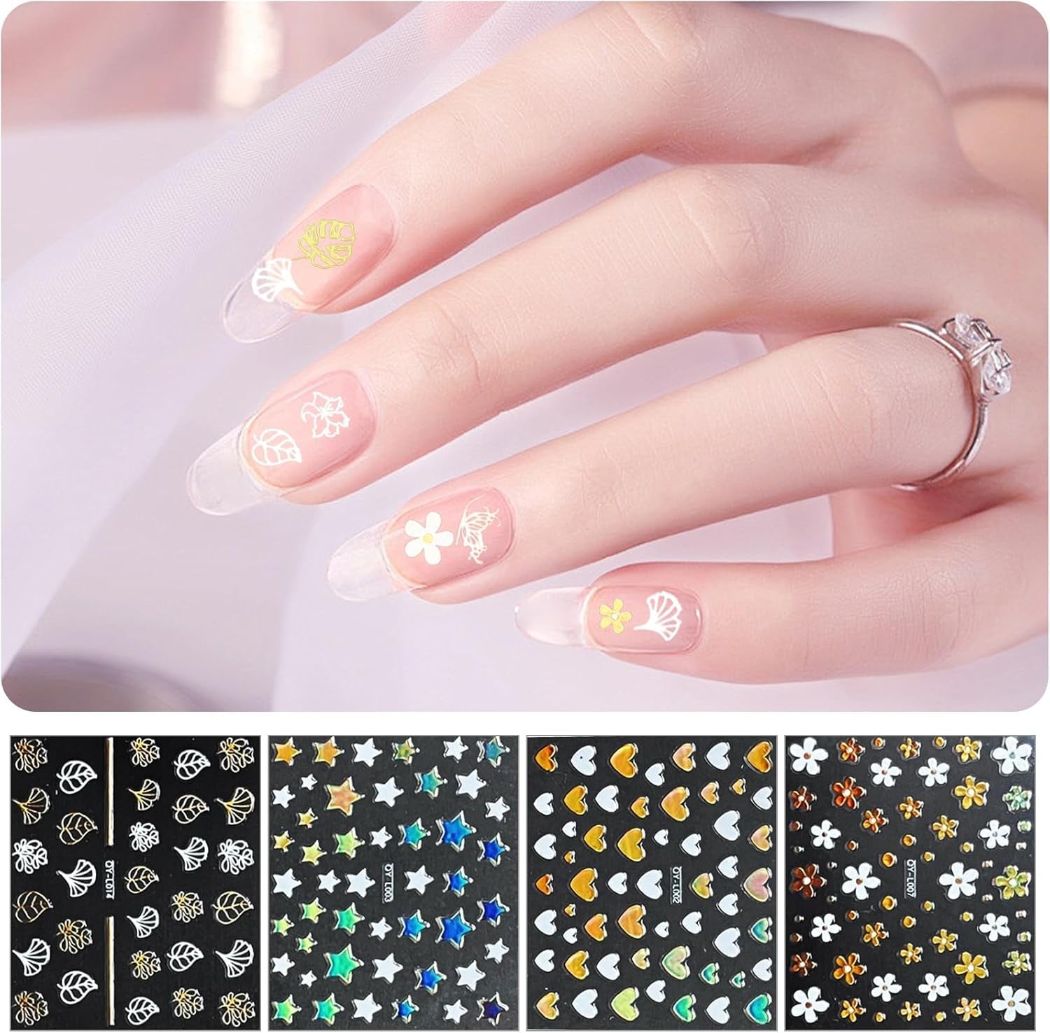 3D Nagelsticker Aurora 30 Blatt Gold Nail Art Sticker Selbstklebend Nagelaufkleber Holografisches Stern Herz Dekoration Nageldesign Zubehör