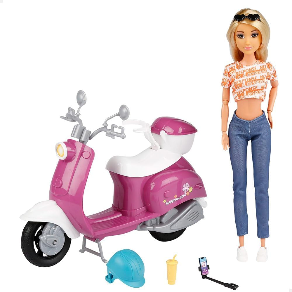 Isabella Gelenkpuppe mit Roller, 30 cm, Motorrad-Spielzeug, inklusive Zubehör, Sonnenbrille, Handy, Selfie-Halterung, Helm, Erfrischung, Puppen für Mädchen, Geschenke ab 3 Jahren (47812)