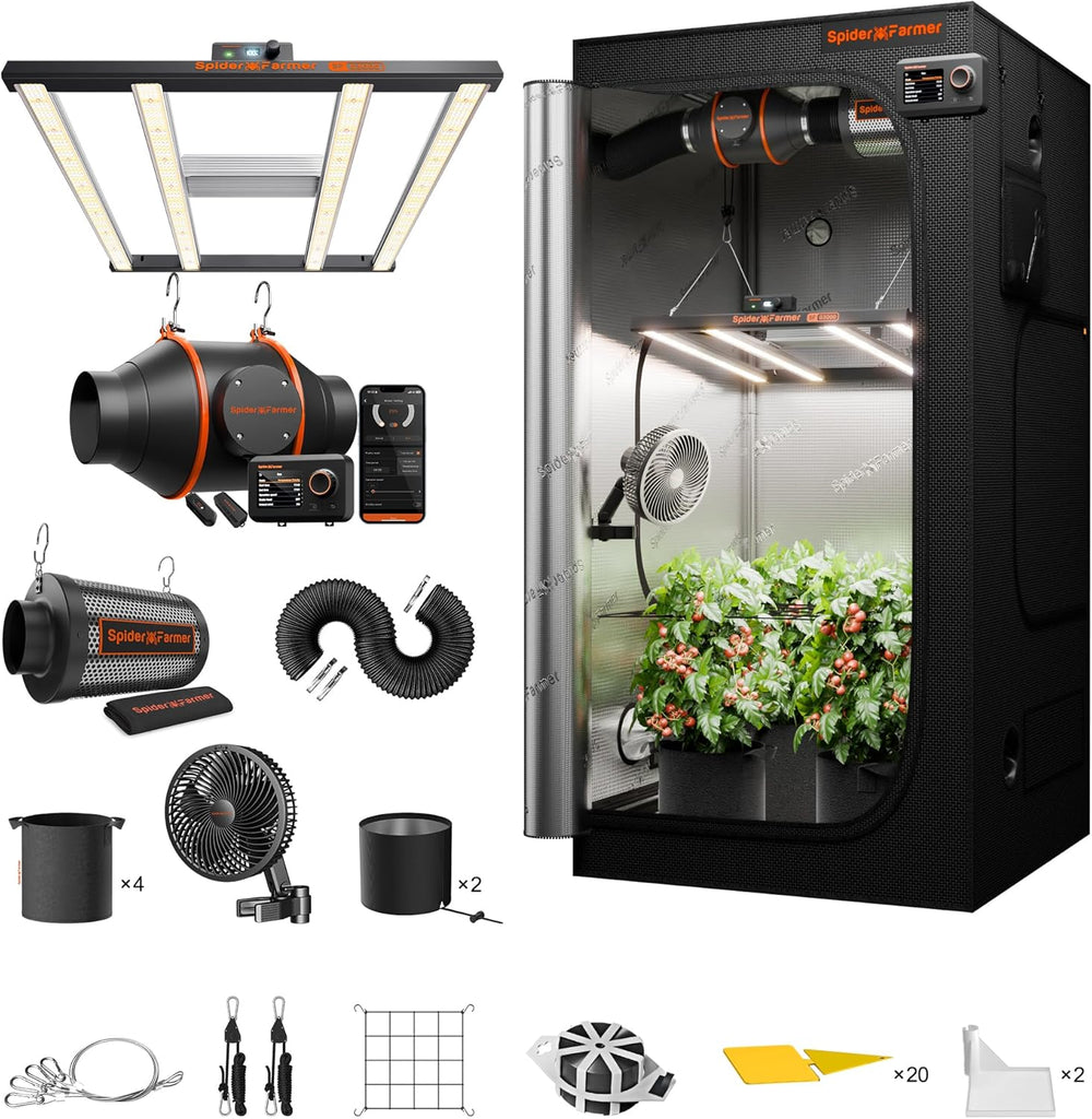 Set complet cort de creștere Spider Farmer SF1000, lampă de creștere LED reglabilă cu spectru complet, diode Samsung LM301H EVO, kit cort de creștere complet 70x70x160cm, set cort de creștere hidroponică, sistem de ventilație