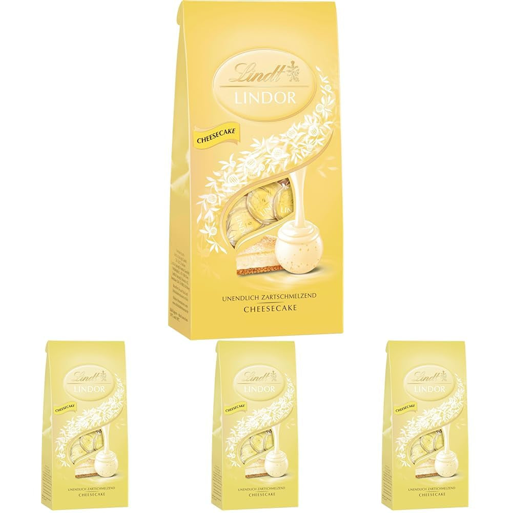 Bile de cheesecake Lindt LINDOR cu ciocolată | Pungă de 137 g | Ciocolată cu lapte cu umplutură de cheesecake care se topește în gură | Cadou de ciocolată | Cadou de ciocolată | LINDOR 75 de ani (Pachet de 4)