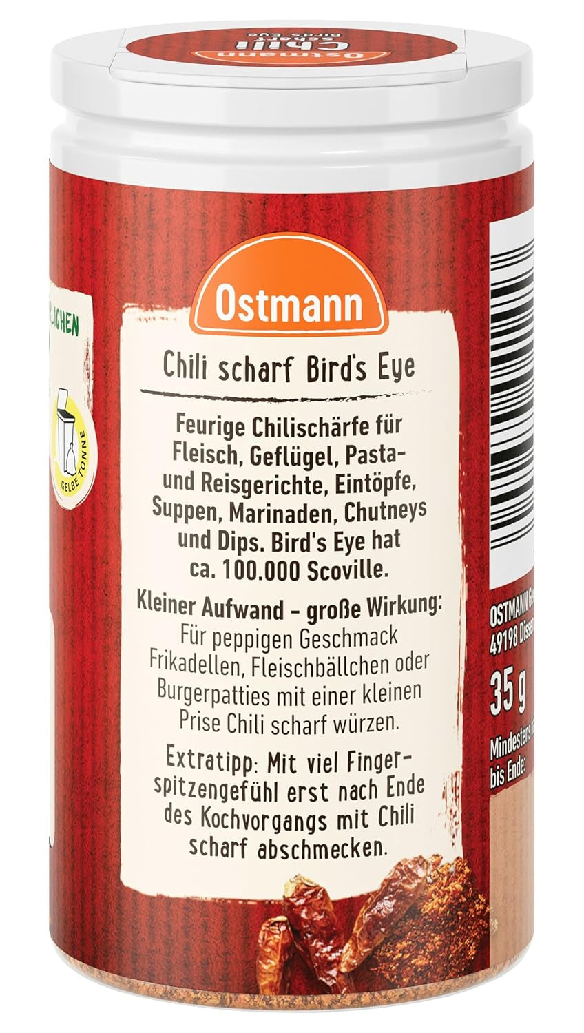 Ostmann Gewürze - Chili scharf Bird´s Eye | Feurige Schärfe für Fleischgerichte und Eintöpfe | 35 g in der Streudose