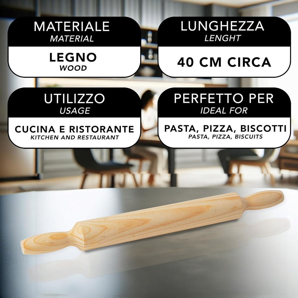 Sucitor din lemn cu mânere – 40 cm x 4 cm – Sucitor antiaderent pentru întinderea și frământarea pastelor proaspete, a pizzei, a fursecurilor, a ravioli-ului, a prăjiturilor, a produselor de patiserie – util în bucătărie