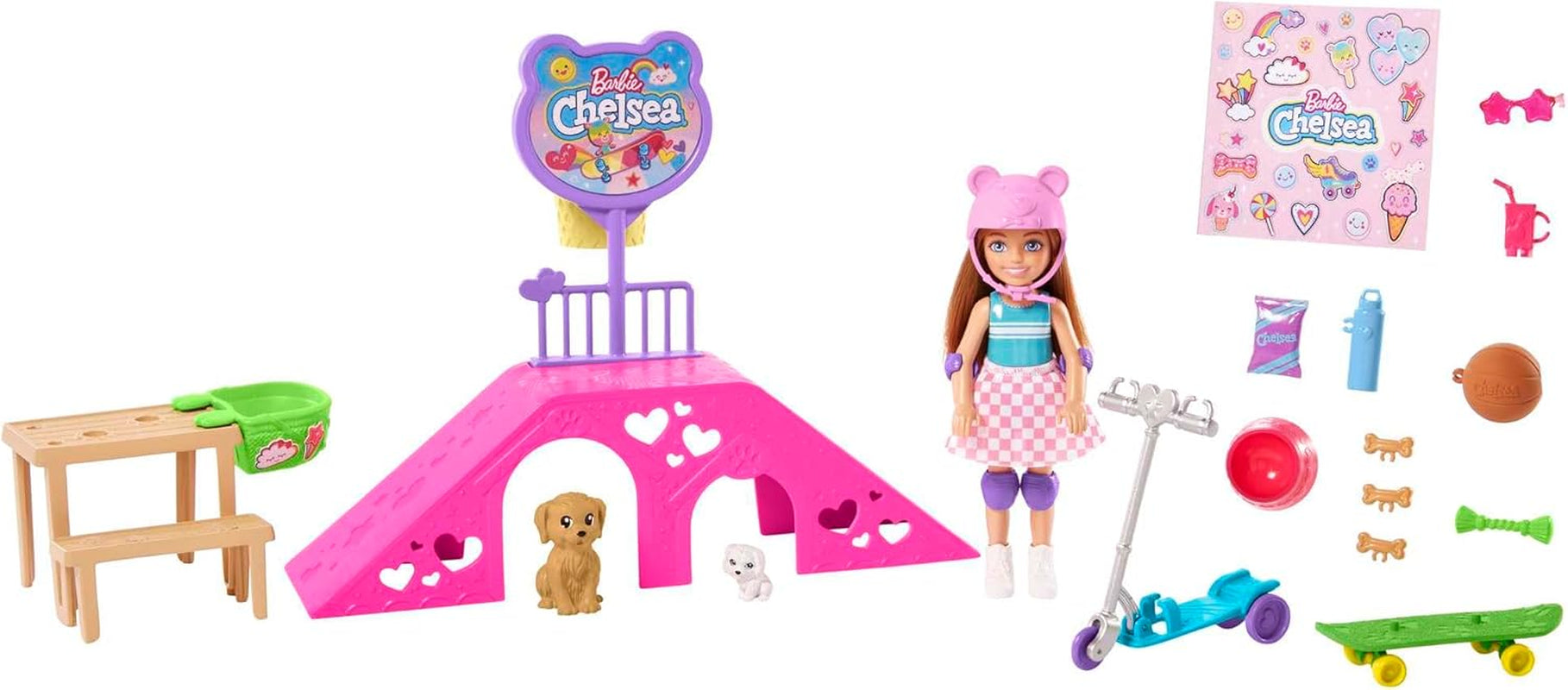Barbie Chelsea Serie, Chelsea mit braunen Haaren, Roller, Skateboard, Skaterrampe, Hund, Zubehör, 1x Chelsea Puppe, Geschenk für Kinder, Spielzeug ab 3 Jahre,HJY35