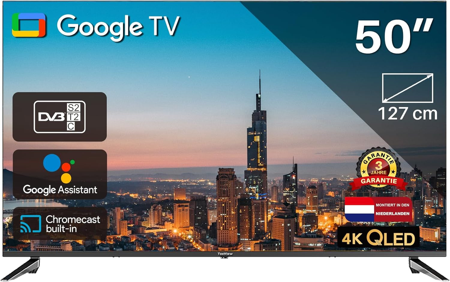 TEEVIEW Google Smart TV | QLED 4K UHD | 50”/127cm | Design fără ramă | Tuner triplu DVB-T/T2/S/S2/C | HDMI x3, USB x2, CI+ | Control vocal și aplicații de streaming | Asamblat în Eindhoven | TV50QQG-EU