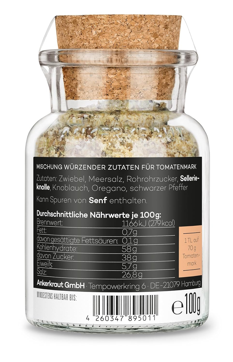 Ankerkraut Tomatensaucen, für Pasta, Spaghetti, Tortellini und Klassiker aus Italien, Lecker zu Hause kochen, Mischung würzender Zutaten für Tomatenmark, 100 g im Korkenglas