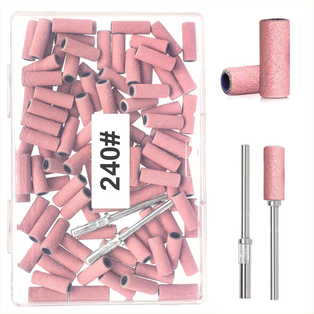 BLESWIN 100 bucăți benzi de șlefuit mici pentru burghie de unghii, granulație fină 240 cu 2 bucăți burghiu de 3 mm, mini benzi de șlefuit pentru lustruirea unghiilor naturale și curățarea cuticulelor pentru pregătire, roz