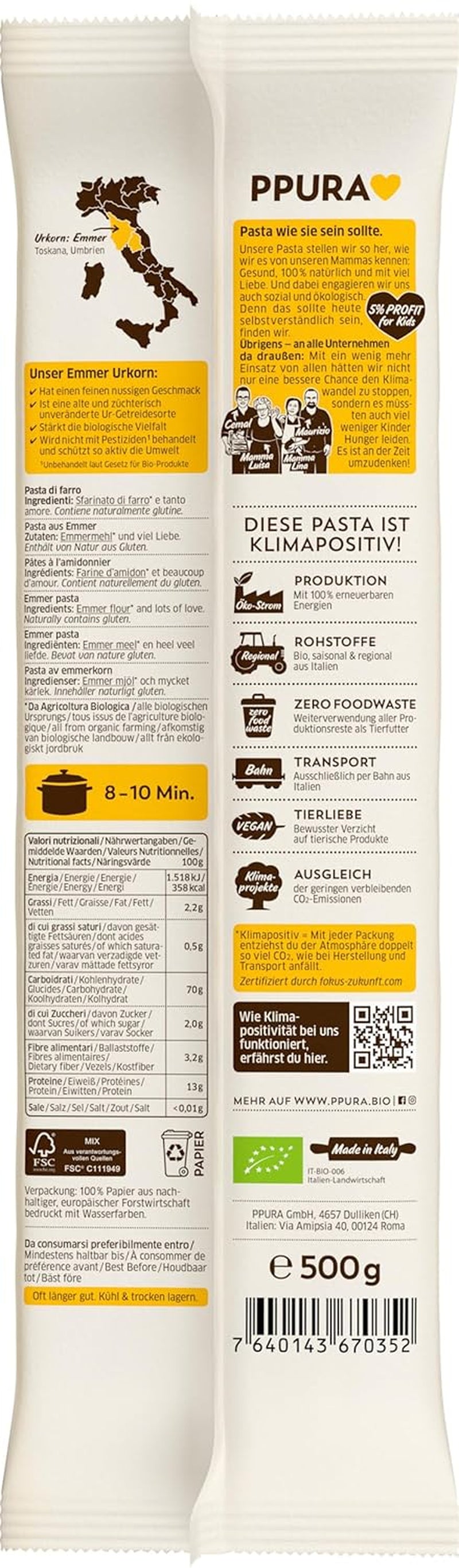 PPURA Paste Spaghete Organice cu Emmer 500g, spaghete 100% naturale din emmer, fabricate în Italia - paste italiene fără aditivi, coloranți sau conservanți