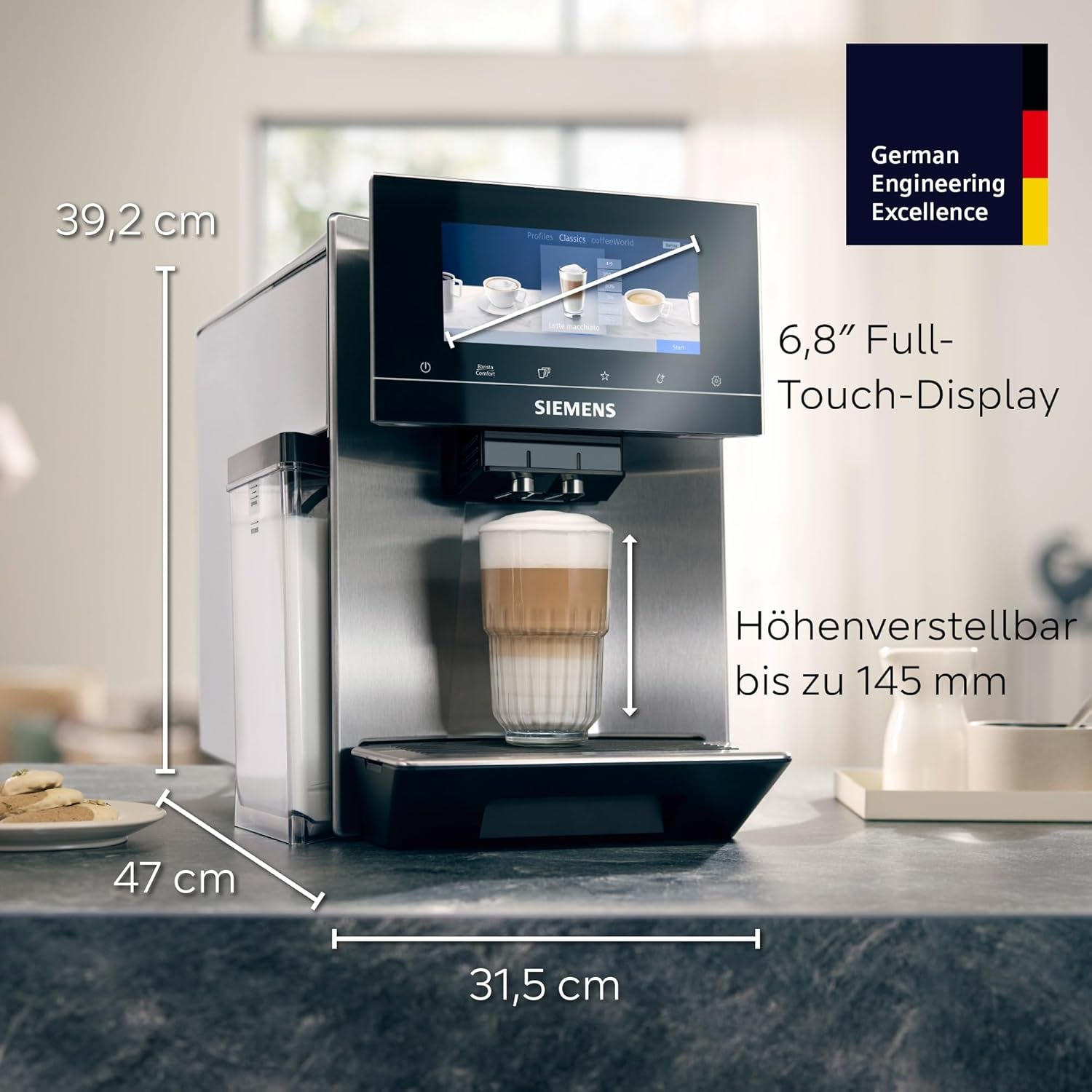 Espressor automat Siemens EQ900 TQ903D03, control prin aplicație, afișaj tactil intuitiv, mod barista, AromaBoost, reducere a zgomotului, râșniță premium, curățare automată cu abur, 1500 W, oțel inoxidabil