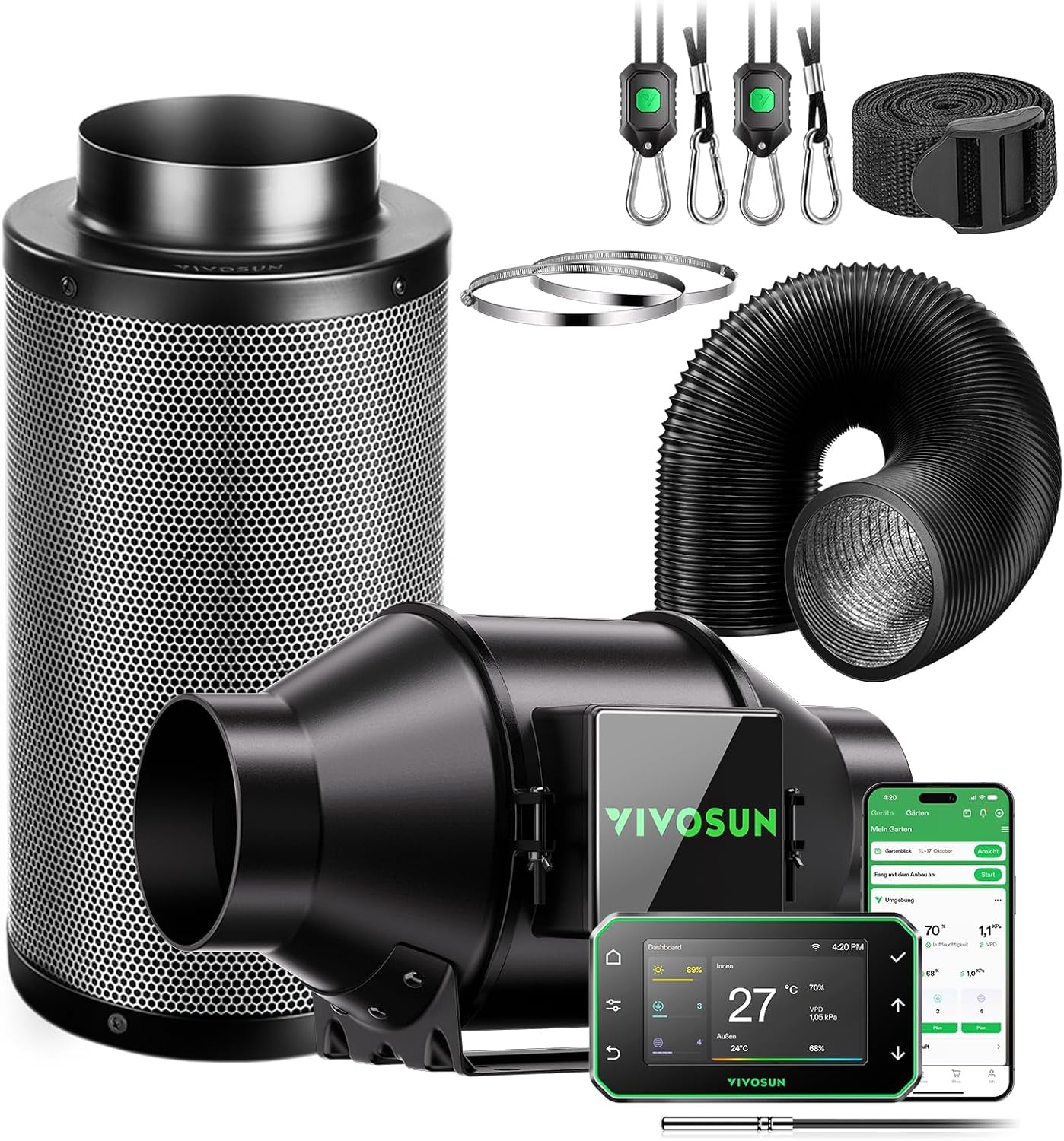 VIVOSUN Kit Ventilator Inline Inteligent 100mm/Evacuare AeroZesh G4 cu GrowHub E42A+, Controler de Temperatură și Umiditate, Telecomandă WiFi/Aplicație, Filtru de Cărbune Activ și Furtun pentru Corturi de Cultivare și Hidroponie
