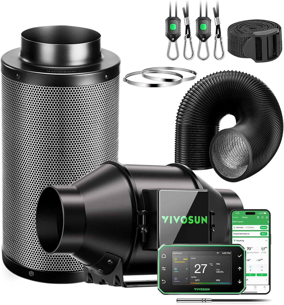 VIVOSUN Kit Ventilator Inline Inteligent 100mm/Evacuare AeroZesh G4 cu GrowHub E42A+, Controler de Temperatură și Umiditate, Telecomandă WiFi/Aplicație, Filtru de Cărbune Activ și Furtun pentru Corturi de Cultivare și Hidroponie